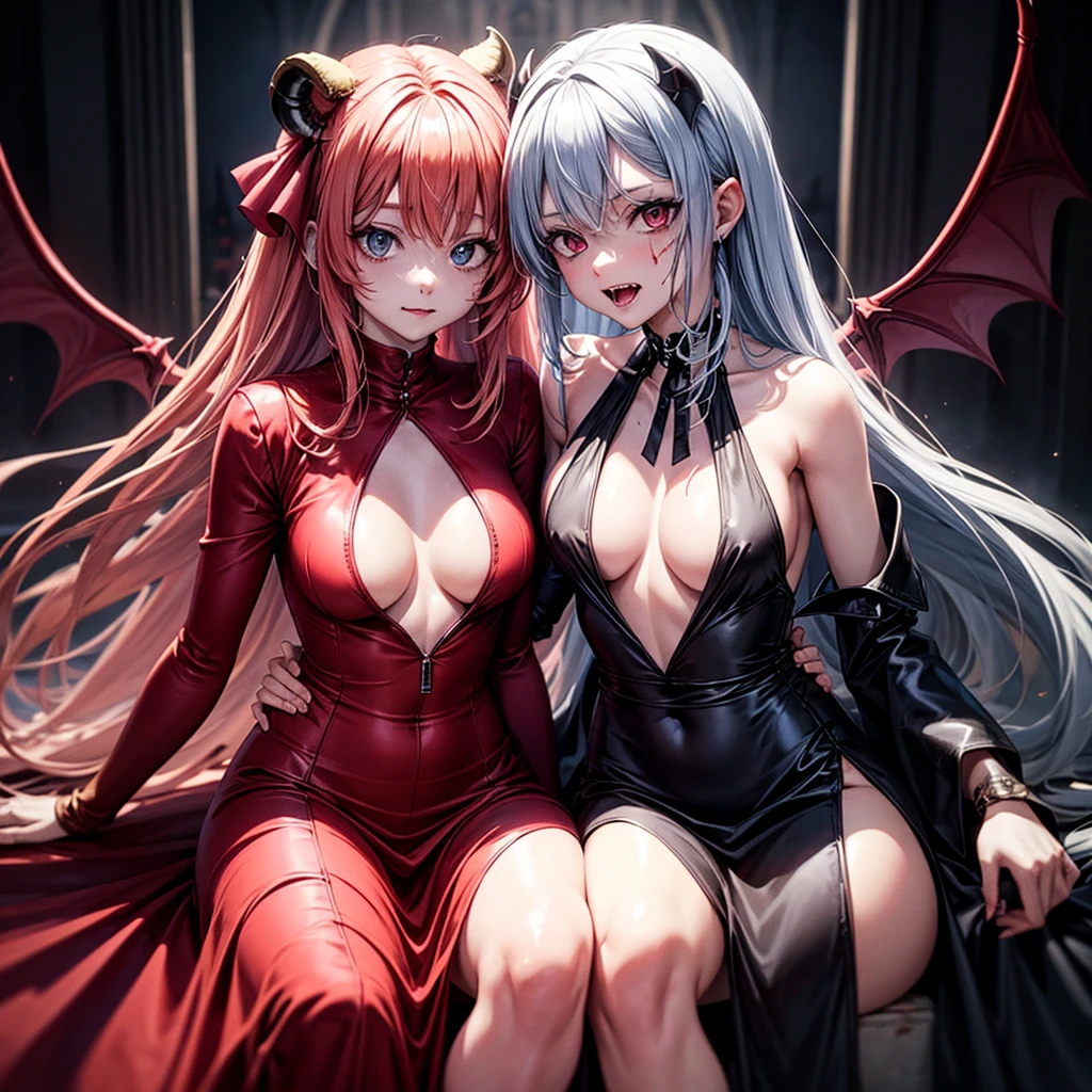 His chest was covered in blood、Anime girl with blood dripping from her chest, gapmoe Yandere grimdark, Shatia Bradfren, Bad guy anime 8k, Yandere intricate, portrait gapmoe Yandere grimdark, Vampire Girl, bloody + Concept Art, Yandere, Anime style 4k, Blood at the corner of mouth,Small tiger teeth,Devil Wings, Gothic girl anime long skirt,Red Moon,castle