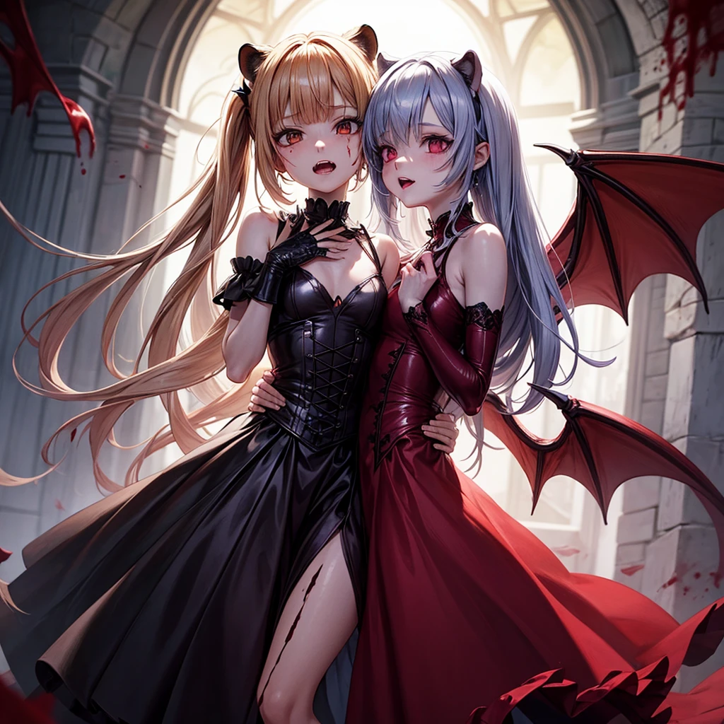 His chest was covered in blood、Anime girl with blood dripping from her chest, gapmoe Yandere grimdark, Shatia Bradfren, Bad guy anime 8k, Yandere intricate, portrait gapmoe Yandere grimdark, Vampire Girl, bloody + Concept Art, Yandere, Anime style 4k, Blood at the corner of mouth,Small tiger teeth,Devil Wings, Gothic girl anime long skirt,Red Moon,castle