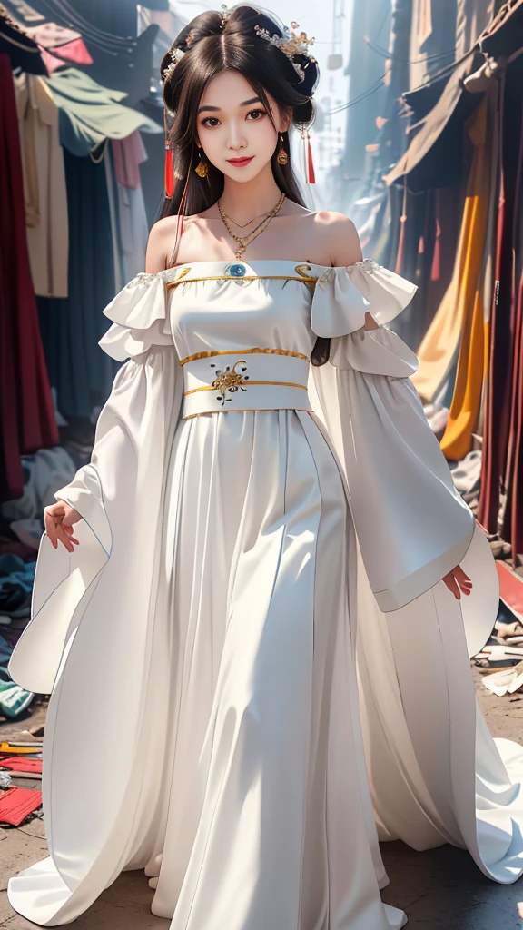 Girl in traditional Chinese clothing, Hanfu, Guzhen Hanfu women, White Hanfu,long straight black hair, black eyes, black bun hairstyle, hair accessories ,white diamond earrings, Bangle Diameter, Dia Necklace, Clear eyes, Facing forward,put on makeup, Long eyelashes ,(Long shoulder coat:1.5), (long white skirt:1.5), ((Whole body)), ((from below))ฃ, Clear face, , (Very beautiful face, Beautiful mouth, beautiful eyes), detailed face, ((Ultra-fine skin)), In the dark, deep shadows, an ancient Chinese girl (Very slim figure 1.3) ,Plump breasts, sexy slender legs elegant posture (smile brightly) ,(slum:1.5),