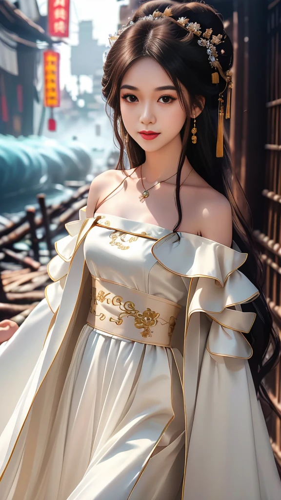 Girl in traditional Chinese clothing, Hanfu, Guzhen Hanfu women, White Hanfu,long straight black hair, black eyes, black bun hairstyle, hair accessories ,white diamond earrings, Bangle Diameter, Dia Necklace, Clear eyes, Facing forward,put on makeup, Long eyelashes ,(Long shoulder coat:1.5), (long white skirt:1.5), ((Whole body)), ((from below))ฃ, Clear face, , (Very beautiful face, Beautiful mouth, beautiful eyes), detailed face, ((Ultra-fine skin)), In the dark, deep shadows, an ancient Chinese girl (Very slim figure 1.3) ,Plump breasts, sexy slender legs elegant posture (smile brightly) ,(slum:1.5),