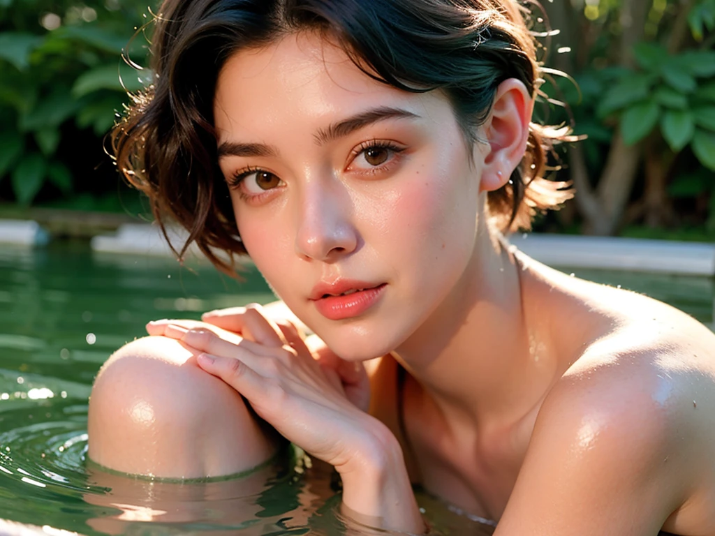 Close-up portrait of a pretty woman (Gurudott) Bathing in the pool, already, (Backlight), Realistic, masterpiece, highest quality, Lens flare, shade, bloom, 
