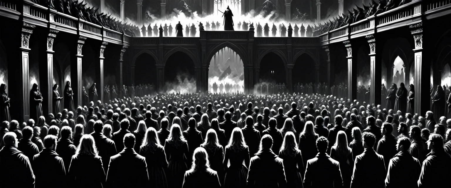 concept art a black and white drawing of a crowd in a dark room, dark fantasy illustration, dark fantasy horror art, surreal dark art, dark but detailed digital art, gustave dore\' background, dark fantasy artwork, an ominous fantasy illustration, baroque dark art, in style of dark fantasy art, dark fantasy style art, dark fantasy digital art, fantasy dark art . digital artwork, illustrative, painterly, matte painting, highly detailed