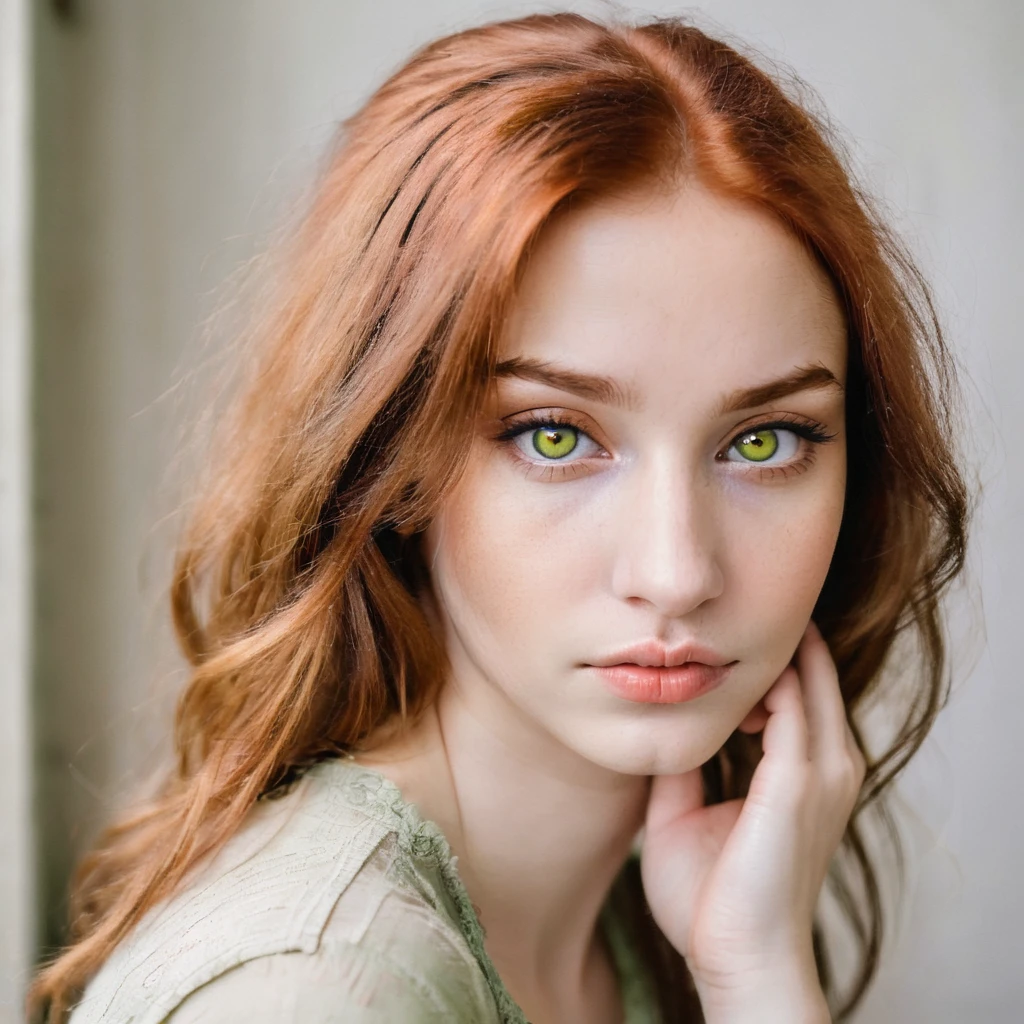 photo of 1girl, redhead, green brown hazel eyes, portrait perfecteyes