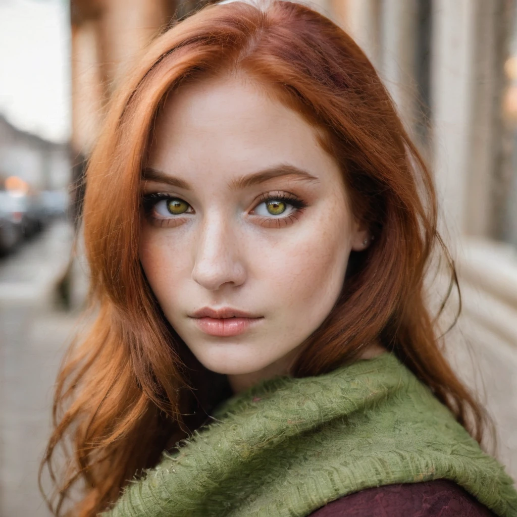 photo of 1girl, redhead, green brown hazel eyes, portrait perfecteyes