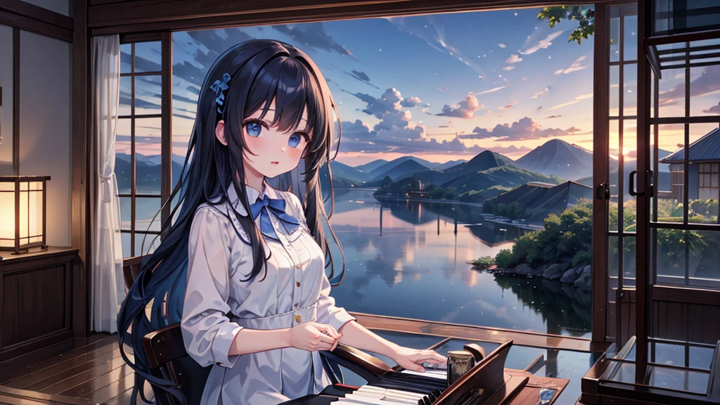 ((Highest quality)), ((masterpiece)), (detailed),(High resolution:1.2),((Girl playing piano)),mysterious,lake,((dynamic)),(Mitsuro Kubo:1.1),(detailedな雲景:1.3)