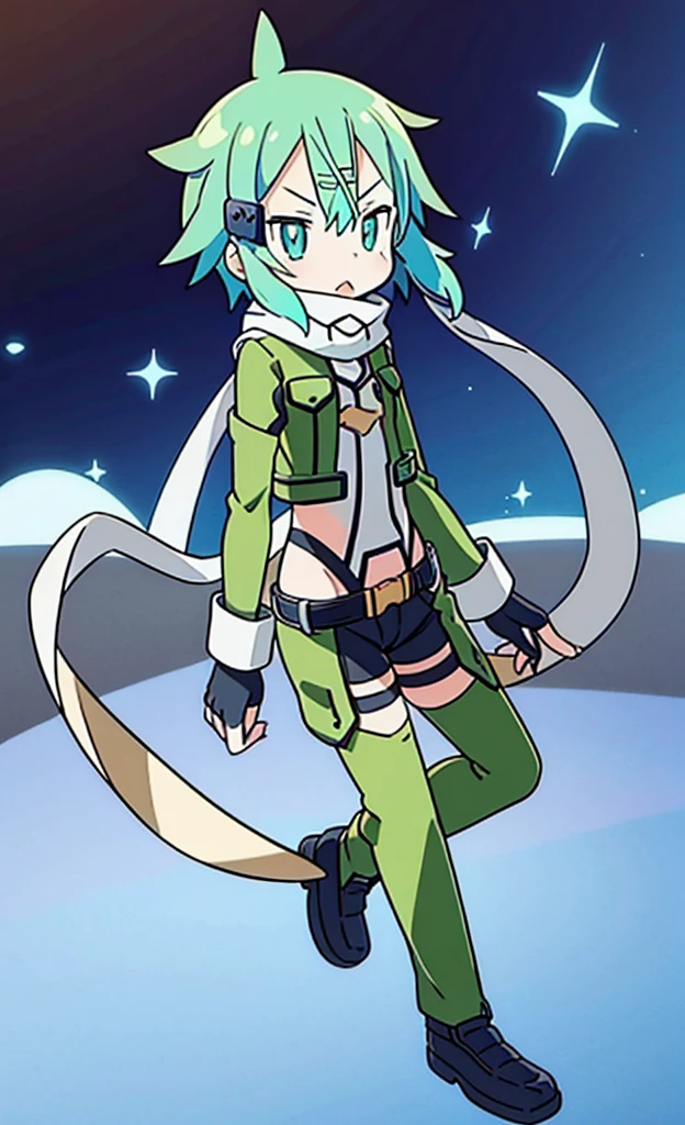 masterpiece,Highest quality,1 Girl,alone,Pokémon-like art style,(bold:1.6),(flat:1.5), SINON, SCARF, FINGERLESS GLOVES, LONG SLEEVES, SHORT SHORTS, hair ornament, HAIRCLIP, GREEN THIGHHIGHS, GREEN JACKET, THIGH STRAP, Thigh to head, loli