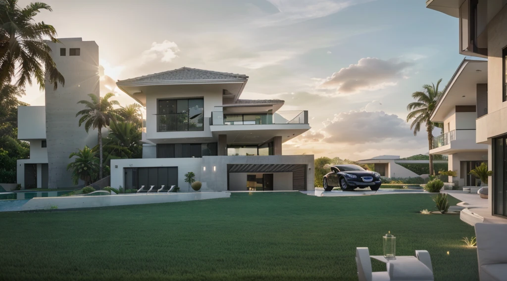 arafed view of a modern villa , sunset time, a green grass, green landscape, coconut tree, cars, architectural render, architectural visualization, architectural rendering, large modern residence, architectural 3 d render, award-winning render, stunning render, modern, realistic, interior architecture, Art Deco, depth of field, motion blur, cinematic lighting, vignetting, highres, high quality, high details, masterpiece