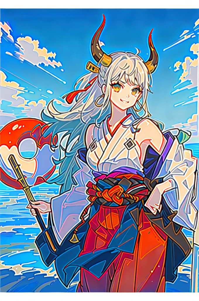 masterpiece, ((ultra detailed background, delicate pattern, intricate detail)), (highly detailed, fine details), best quality,beautiful lighting, (((medium breasts, slim girl, very slim girl))), (close-up, portrait), YamatoV2, long hair, 1girl, horns, white hair, solo, oni, red horns, curled horns, hair ornament, (multicolored horns), jewelry, earrings, japanese clothes, kimono, hair stick, sleeveless, bare shoulders, aqua hair, sidelocks, hoop earrings, hakama, smile, wide smile, ((orange eyes)), complex detailed background, outside, nature environment, rocks, sunny, blue sky, sky,