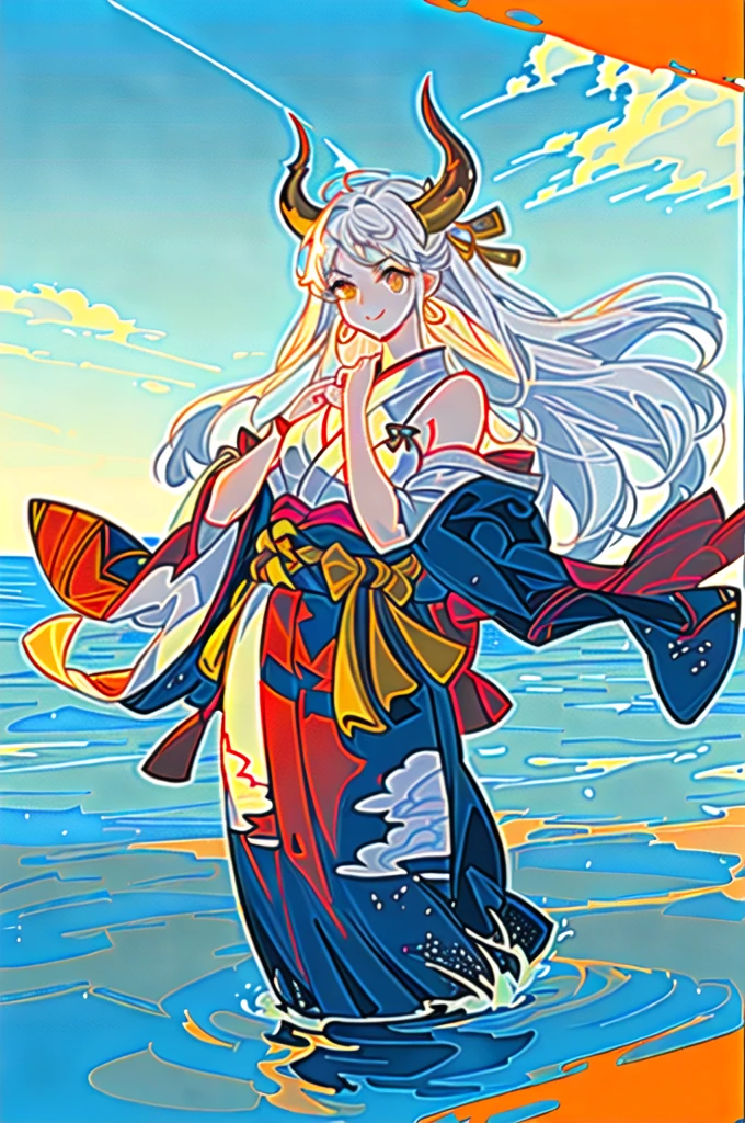 masterpiece, ((ultra detailed background, delicate pattern, intricate detail)), (highly detailed, fine details), best quality,beautiful lighting, (((medium breasts, slim girl, very slim girl))), (close-up, portrait), YamatoV2, long hair, 1girl, horns, white hair, solo, oni, red horns, curled horns, hair ornament, (multicolored horns), jewelry, earrings, japanese clothes, kimono, hair stick, sleeveless, bare shoulders, aqua hair, sidelocks, hoop earrings, hakama, smile, wide smile, ((orange eyes)), complex detailed background, outside, nature environment, rocks, sunny, blue sky, sky,