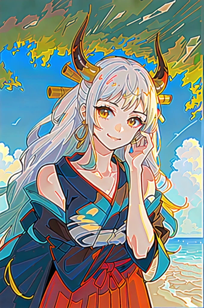 masterpiece, ((ultra detailed background, delicate pattern, intricate detail)), (highly detailed, fine details), best quality,beautiful lighting, (((medium breasts, slim girl, very slim girl))), (close-up, portrait), YamatoV2, long hair, 1girl, horns, white hair, solo, oni, red horns, curled horns, hair ornament, (multicolored horns), jewelry, earrings, japanese clothes, kimono, hair stick, sleeveless, bare shoulders, aqua hair, sidelocks, hoop earrings, hakama, smile, wide smile, ((orange eyes)), complex detailed background, outside, nature environment, rocks, sunny, blue sky, sky,