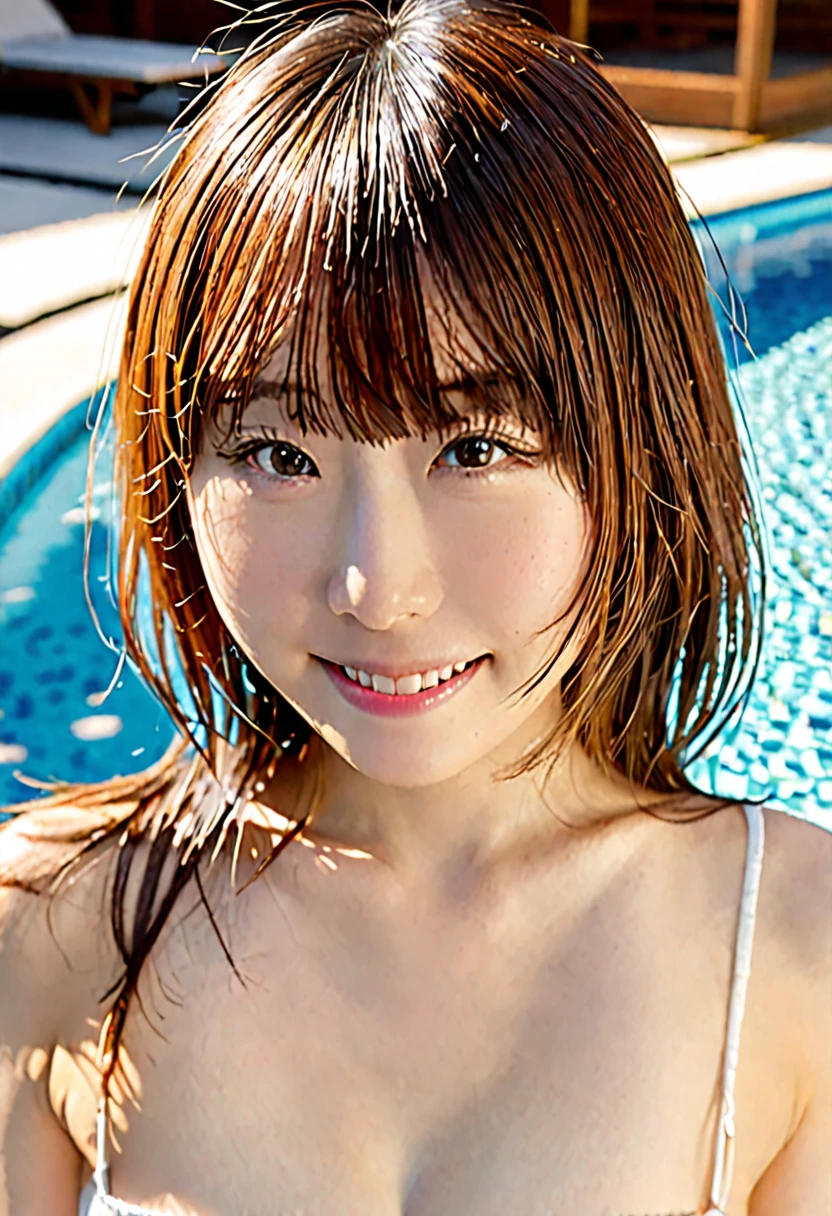 (Highest quality,8K quality,masterpiece:1.3),(Ultra-high resolution,Realistic:1.4,Live Shooting),(Very detailed,Caustics),(Ultra-Realistic Capture,(((Poolside)),beautifully detailed skin),19 years old,Beautiful Japanese, Medium Hair, Asymmetrical bangs, Brown Hair, I'm looking at the camera with a smile on my face,Soft Light,A ray of light shining from above,Natural light，((Pareo))，(((1 female))),