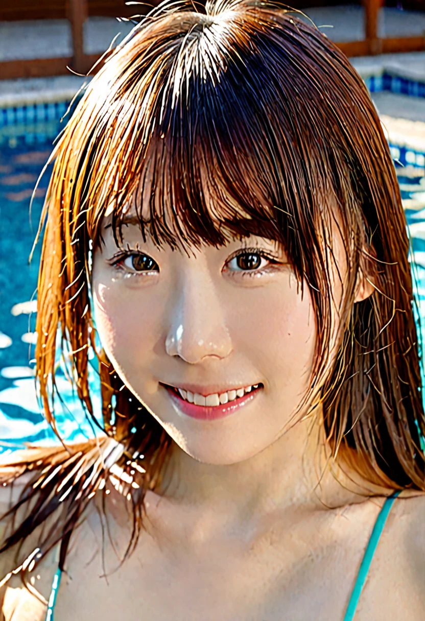 (Highest quality,8K quality,masterpiece:1.3),(Ultra-high resolution,Realistic:1.4,Live Shooting),(Very detailed,Caustics),(Ultra-Realistic Capture,(((Poolside)),beautifully detailed skin),19 years old,Beautiful Japanese, Medium Hair, Asymmetrical bangs, Brown Hair, I'm looking at the camera with a smile on my face,Soft Light,A ray of light shining from above,Natural light，((Pareo))，(((1 female))),