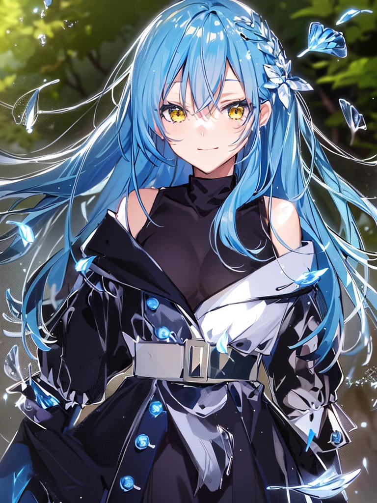 (masterpiece, top quality, best quality, official art, beautiful and aesthetic:1.2), (1girl:1.3), extremely detailed, highest detailed, (dynamic pose), outdoors, outside, full body view, looking at camera, ((that time i got reincarnated as a slime)), ((Rimuru Tempest)), long silver-blue hair, nature, spring cute and beautiful, medium chest, leaves flying around, anime visual of a cute girl, anime best girl, beautiful anime girl, cute anime girl, pretty anime girl