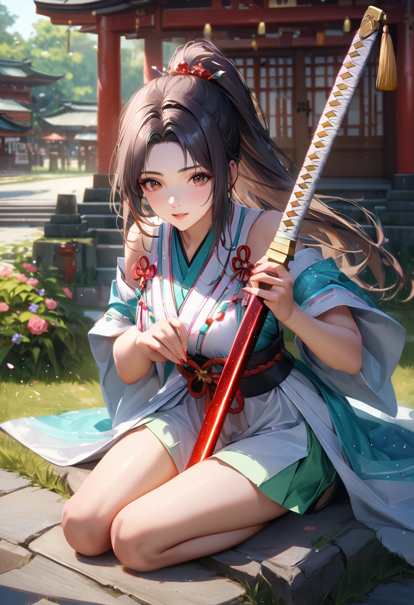 Shrine grounds, Clear sky with white clouds, Shrine maiden, Blur the background,young woman,ponytail,Holding a Japanese sword in an upright position,Glitter effect,Highest quality, 8K, High resolution, masterpiece:1.2, Very detailed, Realistic:1.37, High resolution, 超High resolution, Ultra-fine painting, Very detailed, Professional, Vibrant colors