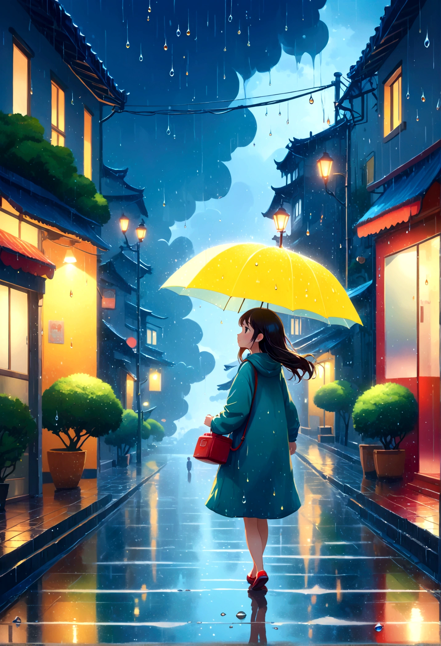 cuteイラスト: landscape,Street corner on a rainy day,絵本に出てくるようなlandscape,Emotional,Girl is walking,break,(Girl with an 傘),Anatomically correct,break,Create an artistic background,Add a drop pattern to the background,The street is colorful, Fairytale-like,This is a cute illustration like a dream.,Blur the lines of the water droplets for an artistic look.,Intricate details,Wide range of colors,artwork,rendering,(masterpiece:1.3),(Highest quality:1.4),(Very detailedな:1.5),High resolution,Very detailed,unity 8k wallpaper,Structurally correct,cute,Fantasy