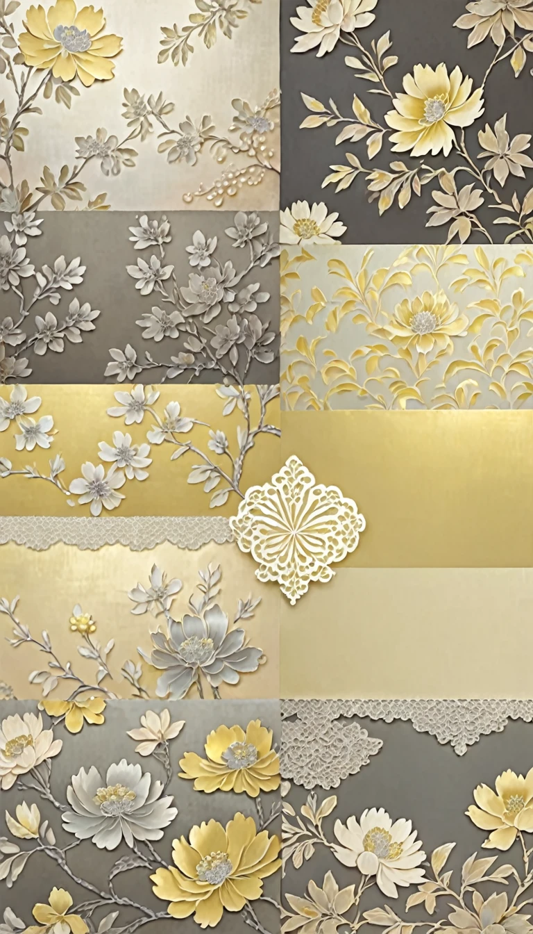charcoal and yellow, (soft colors, muted colors, soft metallics, pearlescents,florals,lace,damask,chinoiserie)