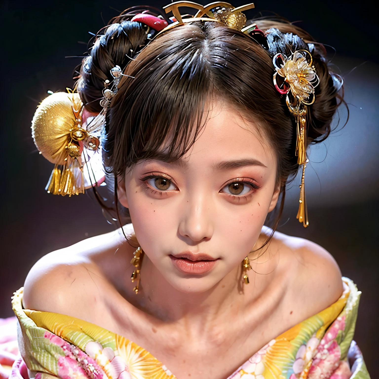 (PUNIPUNI clavicle KIMONO ((offshoulder)) KANZASHI FlowerHairpins Topknot TwinBun Oiran-Hair)High-level, 8K Masterpiece TopQuality, Ultra-detailed CG, Absurd detailed wallpaper, PerfectLighting, Extremely detailed (((Personifying " OIRAN " as a KAWAII Girl))), Characteristic Items, aesthetic LifeLike Rendering, MysticSight, Haze Tyndall Scattering, (Studio DARK Background with (Oodles Dazzling Iridescent 🌈Particles (BokeH))), (((Assfocus)) RoundlyButt) ThighGap, (Exposed:0.44) 🔞 BREAK (Acutance:0.8), (NOGIZAKA FaceVariations) Extremely Detailed very KAWAII FaceVariations, Childish CaptivatingGaze ElaboratePupils ParfectEyes with (SparklingHighlights:1.28), (Voluminous LongEyelashes:0.88), 💄💋✨ GlossyRedLips with BeautifulDetails, CoquettishTongue, PUNIPUNI RosyCheeks, Radiant PearlSkin with Transparency, Glowing DowneyHair . { (Dynamic LifeLike expressions:1.4) | (:d) }, (large eyes:-1) .
