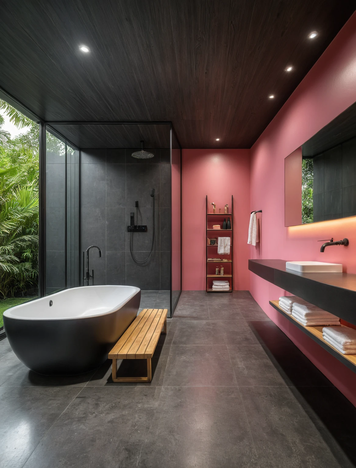 Raw photo,Masterpiece, high quality, best quality, authentic, super detail, interior, indoors, ((bathroom style modern luxury)), sunset, day light, window , overlooking tropical garden, ((black and pink tones)), bathtub, faucet, shower, lavatory, glass wall, towels, bottles, mirror, black wooden ceiling