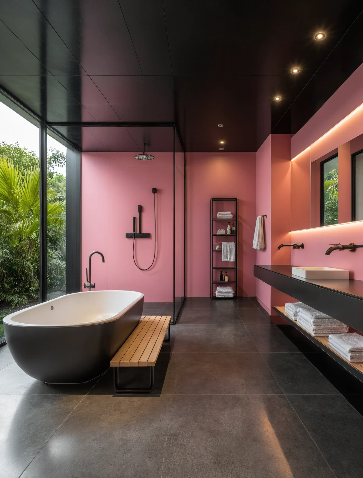 Raw photo,Masterpiece, high quality, best quality, authentic, super detail, interior, indoors, ((bathroom style modern luxury)), sunset, day light, window , overlooking tropical garden, ((black and pink tones)), bathtub, faucet, shower, lavatory, glass wall, towels, bottles, mirror, black wooden ceiling