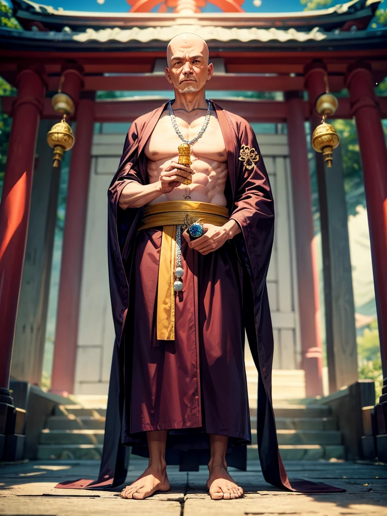 Highest quality,Highest Resolution,An old monk holding a rosary,Temple grounds,Japan,Skinhead,Standing posture,Crystal Jade,Boxing,
