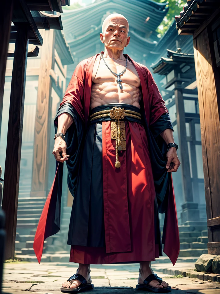 Highest quality,Highest Resolution,An old monk holding a rosary,Temple grounds,Japan,Skinhead,Standing posture,Crystal Jade,Boxing,