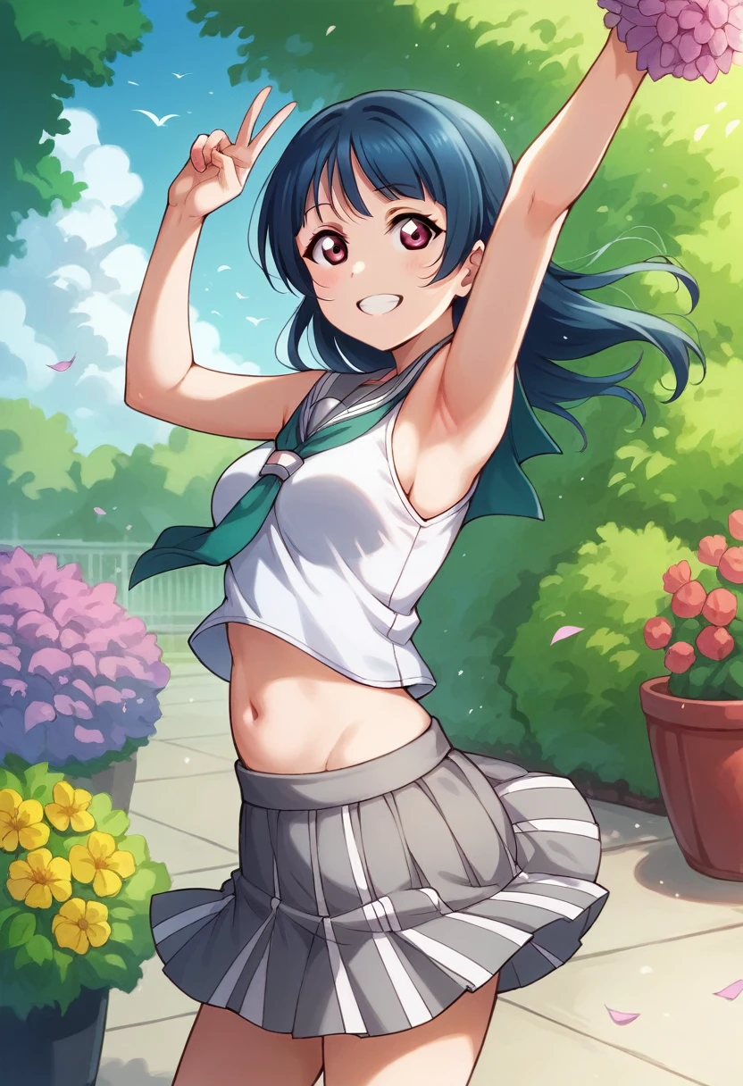 Yoshiko Tsushima love live,serafuku, gray mini skirt, slightly from side, v, armpits,wind  ,navel, breasts, smile , standing, sleeveless , looking at viewer,garden,one side up,arms down, pointing to views 