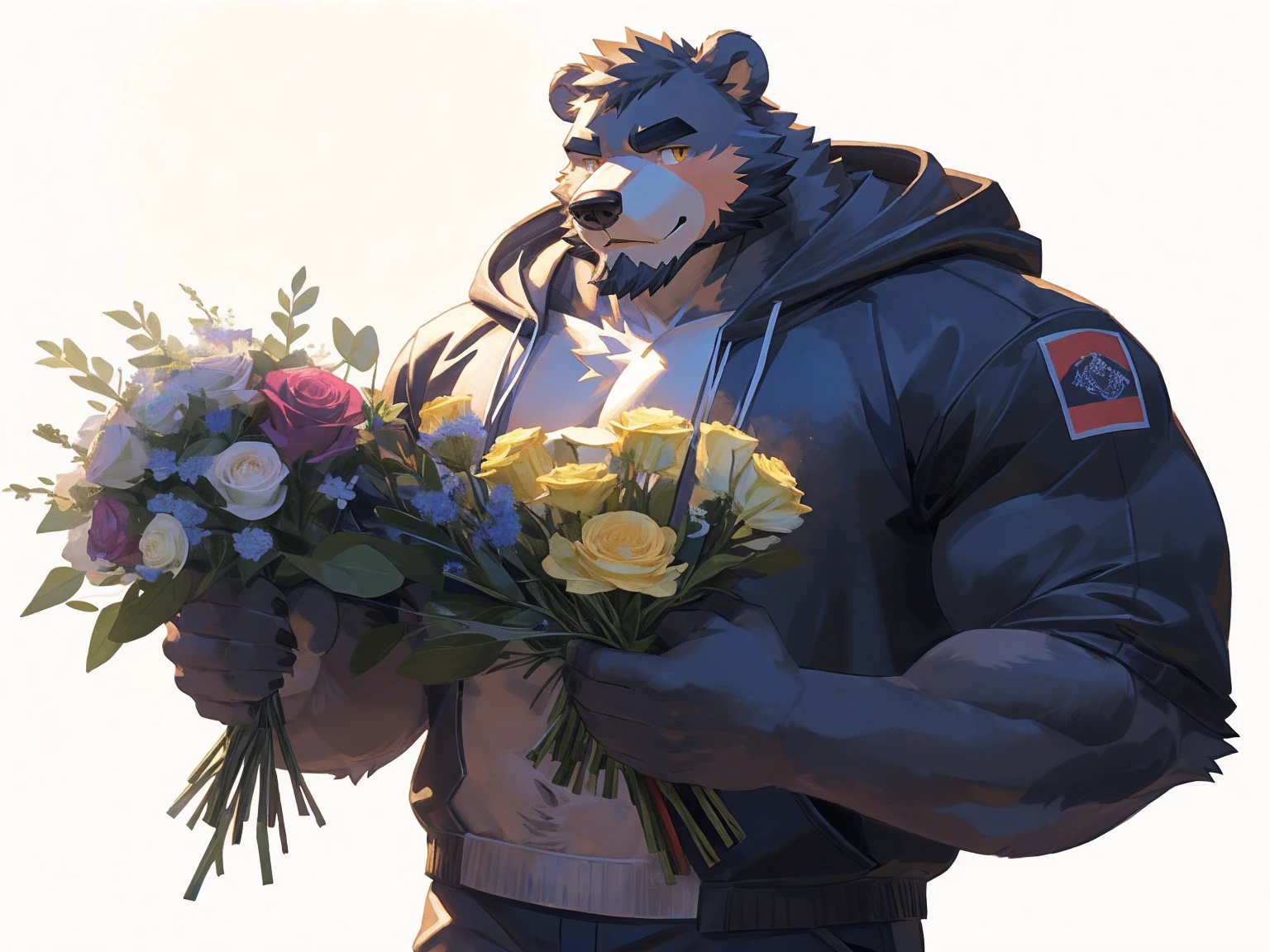 (masterpiece:1.2), best quality,pixiv,official art,perfect anatomy, (Ray tracing, light),solo, (1_male:1.3) , (muscle), (grey fur:1.4), (muscle bear), (beard:1.2), (gleaming golden eyes), bear tail, Thick black eyebrows, (open hoodie :1.3) , (naked inside:1.2), cargo pants, portrait , (white background:1.3) , (holding big bouquet:1.3), pokerface, looking at flower