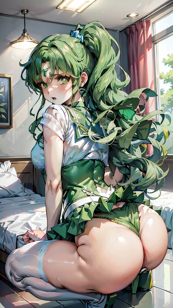 Anime Girlsセーラー戦士。White panties、Beautiful Faces、Beautiful thighs、 with green hair and green stockings posing on a bed, seductive Anime Girls, beautiful Anime Girls squatting, the Anime Girls is crouching, I also make fan art, Beautiful and attractive anime , Anime Girlss, Naughty anime style, Highly detailed art gems, Anime Girls, Anime Goddess, Anime Moe Art Style, anime waifu, Backlit table top, Highest quality, One Girl, (Sailor Neptune),Green Hair, (Green Eyes:1.2),((sporty))、((Bike Pants))、Hair length、((Embarrassed expression))、((Bedroom))、((Backward view))、((Butt))、((Thigh-high socks))