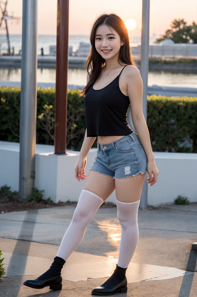 ulzzang-6500-v1.1, (RAW Photos:1.2), (Photorealistic), Beautiful detailed girl, (Genuine: 1.4), (masterpiece), 1 Girl, Photo Model, smile, Focus on the audience, Beautiful lighting, Highest quality, masterpiece, Ultra-high resolution, Realistic, Black Hair, Short tank top, Shorts, Ultra-realistic pantyhose、super Realistic stockings, Medium chest, White skin,( Sunset background:1.4), Walking along with a smile、Full Body Shot:1.2, Joy、delight、Happiness、