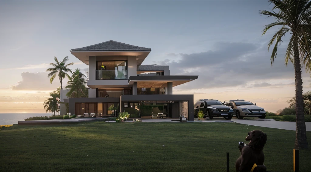 arafed view of a modern villa , sunset time, a green grass, green landscape, coconut tree, cars, architectural render, architectural visualization, architectural rendering, large modern residence, architectural 3 d render, award-winning render, stunning render, modern, realistic, interior architecture, Art Deco, depth of field, motion blur, cinematic lighting, vignetting, highres, high quality, high details, masterpiece