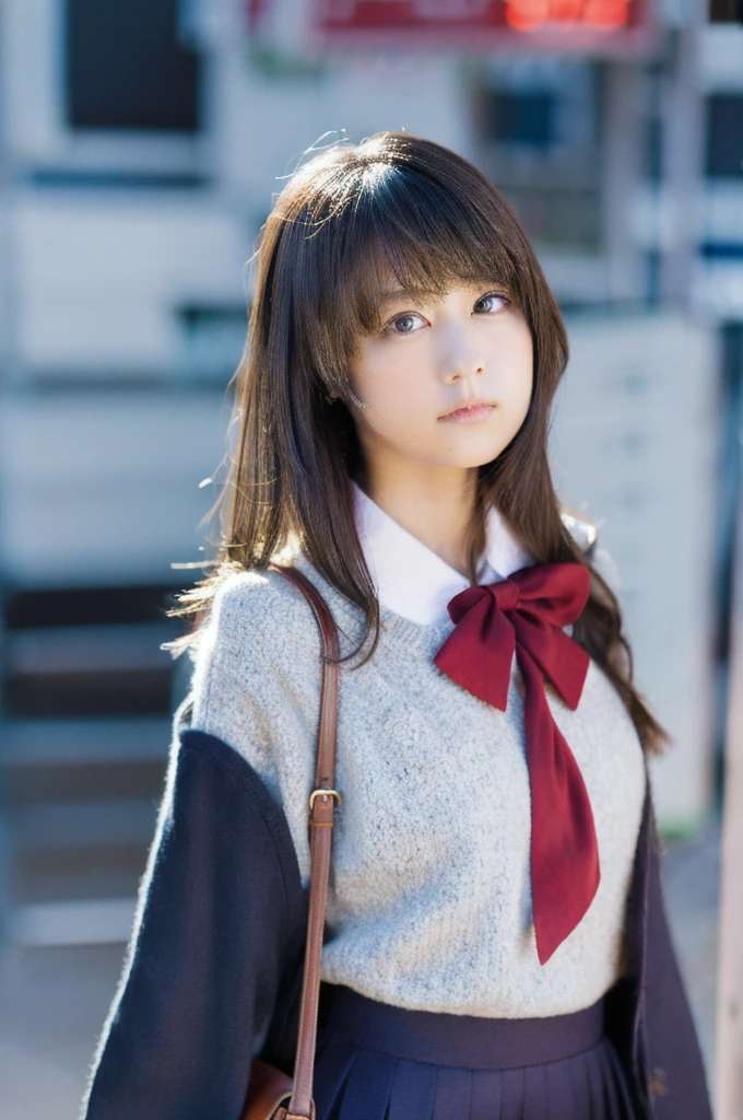 school girl, 1girl, (looking at viewer), (bokeh:1.1), parted lips,expressionless, realistic, uniform,
realistic,