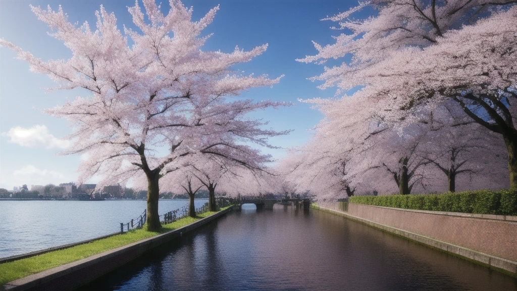 masterpiece, best quality, high quality, Extremely detailed CG unity 8k wallpaper, Amsterdam,A beautiful cherry blossom tree，Aesthetic，nature, lake, river, cloudy sky,Award-winning photography, Bokeh, Depth of Field, Human Development Report, bloom, Chromatic Aberration ,Reality,Extremely detailed, Popular on ArtStation, Popular on CGsociety, complex, High Detail, dramatic, midjourney&#39;s Artwork