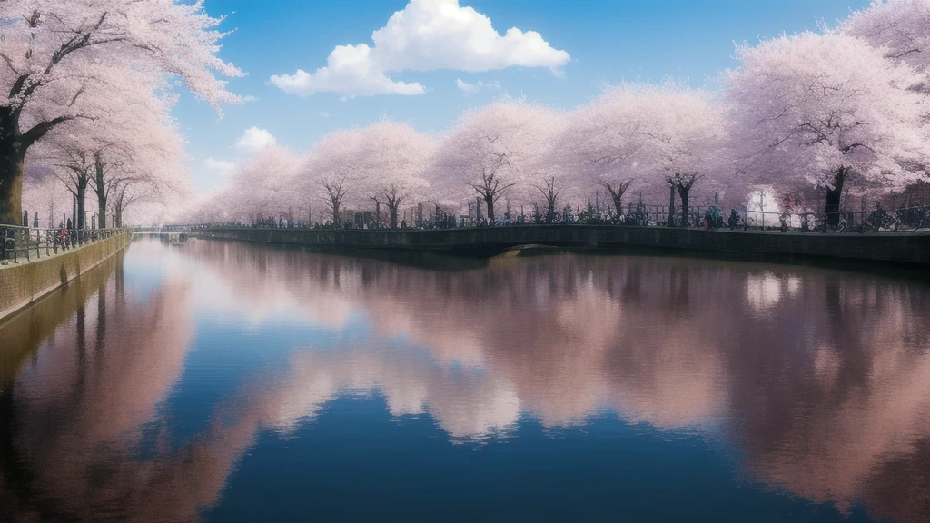 masterpiece, best quality, high quality, Extremely detailed CG unity 8k wallpaper, Amsterdam,A beautiful cherry blossom tree,Aesthetic,nature, lake, river, cloudy sky,Award-winning photography, Bokeh, Depth of Field, Human Development Report, bloom, Chromatic Aberration ,Reality,Extremely detailed, Popular on ArtStation, Popular on CGsociety, complex, High Detail, dramatic, midjourney's Artwork