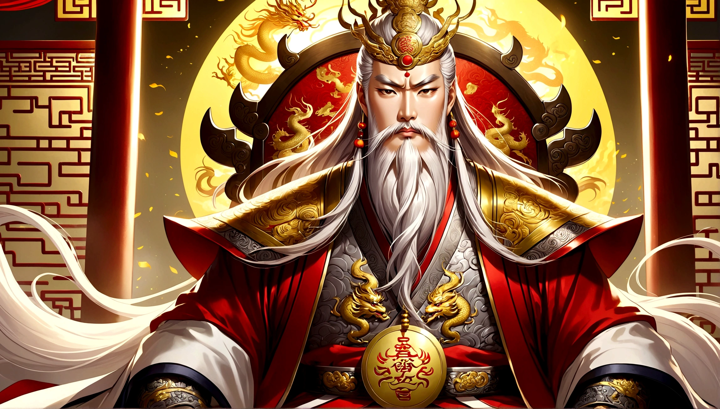 1An old Chinese emperor named BOSS,Tall, Square face.Silver long hair，Wearing a golden crown, Thick eyebrows,Long white beard.,Pale complexion, Wearing a gorgeous golden robe，Embroidered with dragon pattern.;1 A young Chinese general named GG,Burly figure,Long face, Blonde short hair，Thick eyebrows，Short whiskers，Healthy bronze,Wearing a red armor，Symbol with sun，There is a golden sword on the waist; God is sitting majestically on a glittering throne。GG stands in front of the throne,Looks like he&#39;s protecting the man sitting on the throne，There was an air of respect and loyalty between the two.。