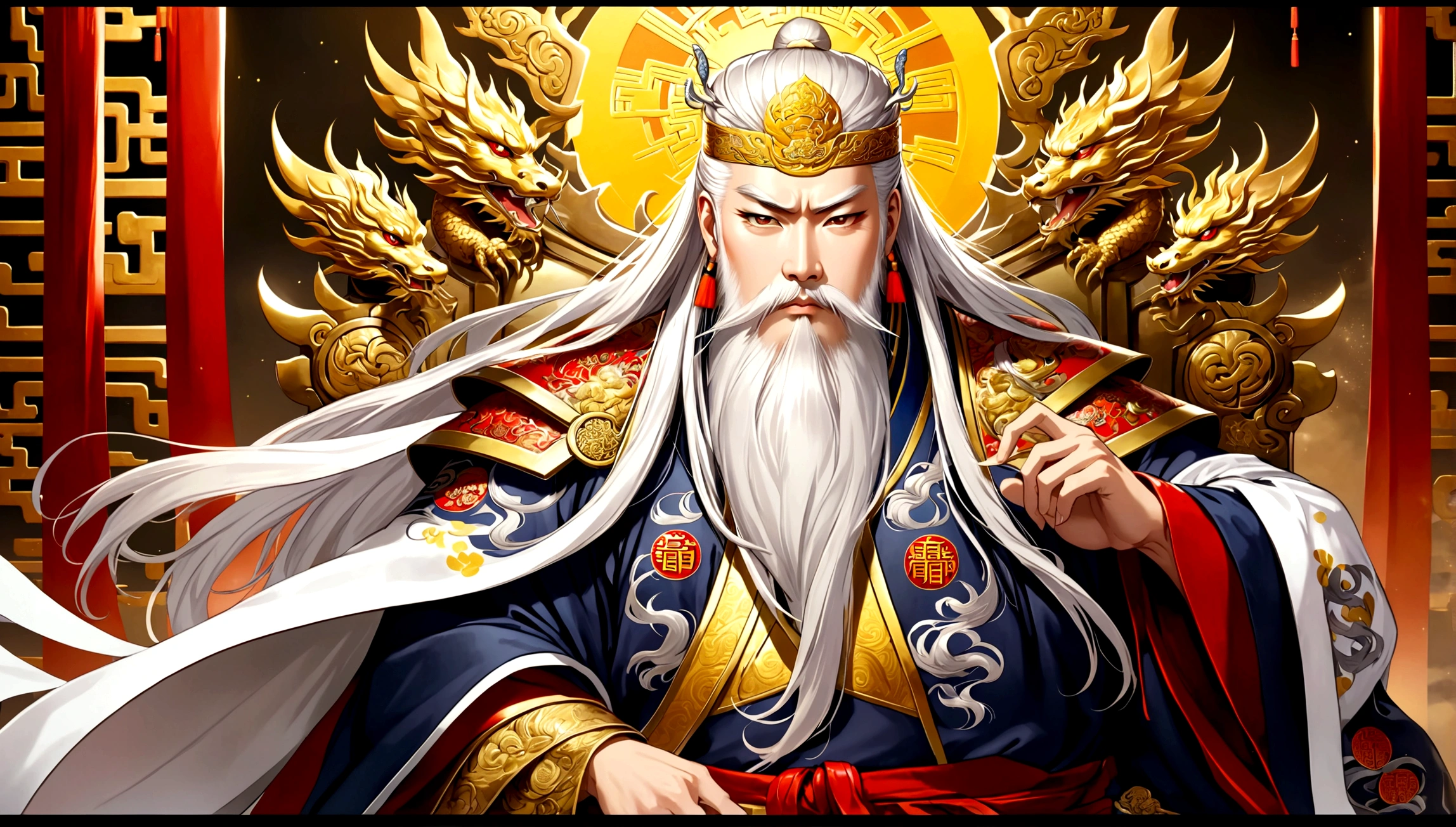 1An old Chinese emperor named BOSS,Tall, Square face.Silver long hair，Wearing a golden crown, Thick eyebrows,Long white beard.,Pale complexion, Wearing a gorgeous golden robe，Embroidered with dragon pattern.;1 A young Chinese general named GG,Burly figure,Long face, Blonde short hair，Thick eyebrows，Short whiskers，Healthy bronze,Wearing a red armor，Symbol with sun，There is a golden sword on the waist; God is sitting majestically on a glittering throne。GG stands in front of the throne,Looks like he&#39;s protecting the man sitting on the throne，There was an air of respect and loyalty between the two.。