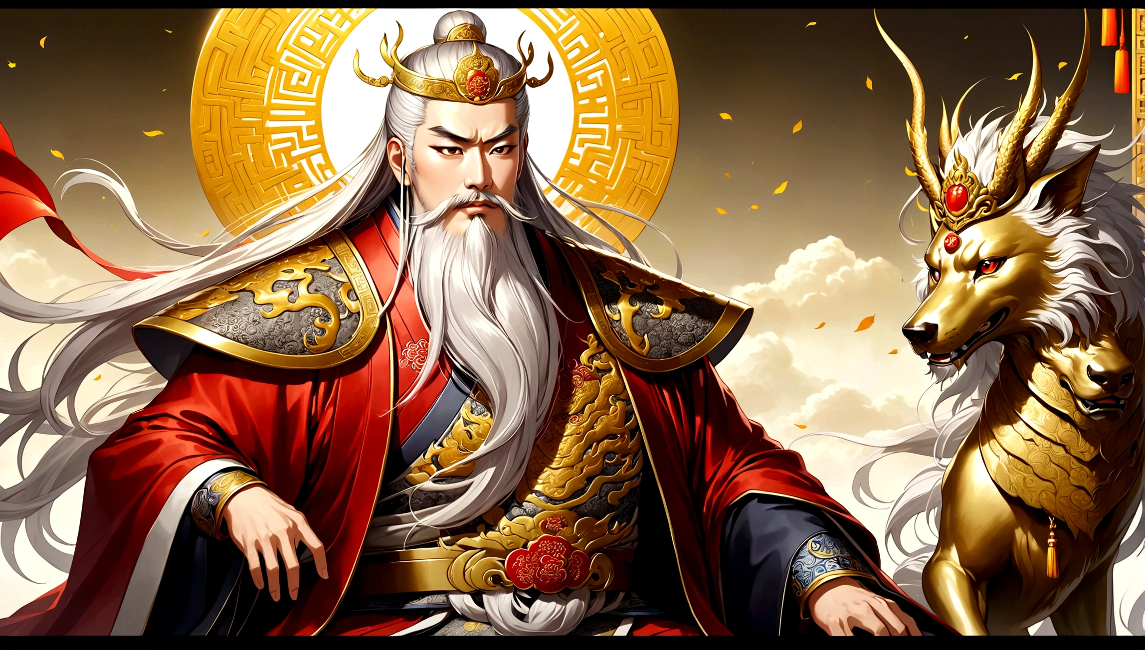 a majestic elderly chinese man with a large square face, dignified yet benevolent expression, long silver white hair neatly combed, wearing a golden crown, thick eyebrows, long white beard, symbolizing wisdom and nobility, pale skin radiating a divine glow, dressed in a luxurious golden robe embroidered with dragon patterns, embodying supreme authority
