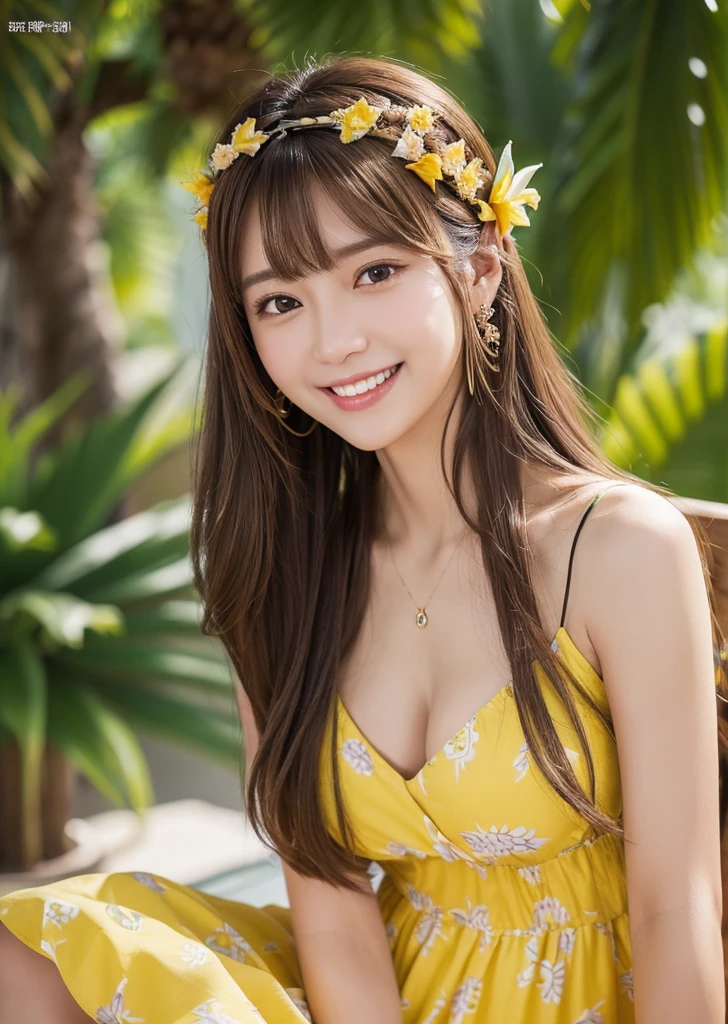 Eat pancakes,Flat Chest、(Slim body）、((Slim body))、Long Hair,Straight Bangs,Embarrassing,masterpiece,diamond、Earrings,background of fantasy,(((Brown Hair)))、 hair ornaments,Headband,Tantalus Hills、Pineapple print mini dress、Yellow Dress、Everlasting summer、Hawaii、 Highest quality, High resolution, unity 8k wallpaper, (shape:0.8), (Beautiful details:1.6), Highly detailed face, Sing happily、looking at the camera、laugh、smile、
