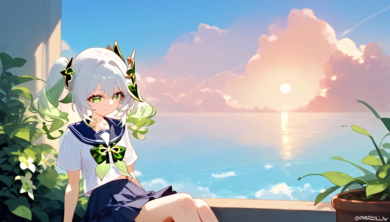 score_9,score_8_up,score_7_up,
1girl,solo,nahida,genshin impact,closed mouth,,at school,(school uniform:1.2),, smile, windows, sunset, sitting on the windowsill,sun, clouds, greenery