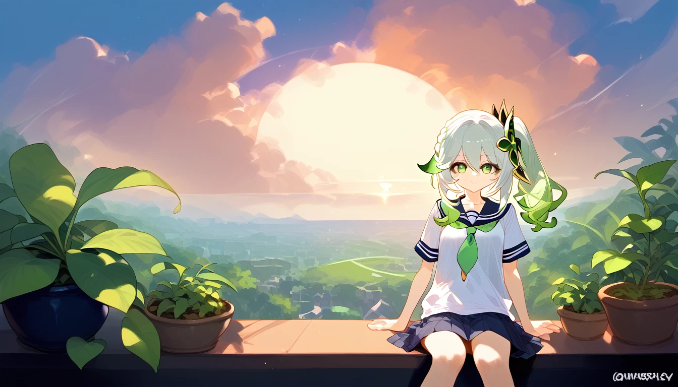 score_9,score_8_up,score_7_up,
1girl,solo,nahida,genshin impact,closed mouth,,at school,(school uniform:1.2),, smile, windows, sunset, sitting on the windowsill,sun, clouds, greenery