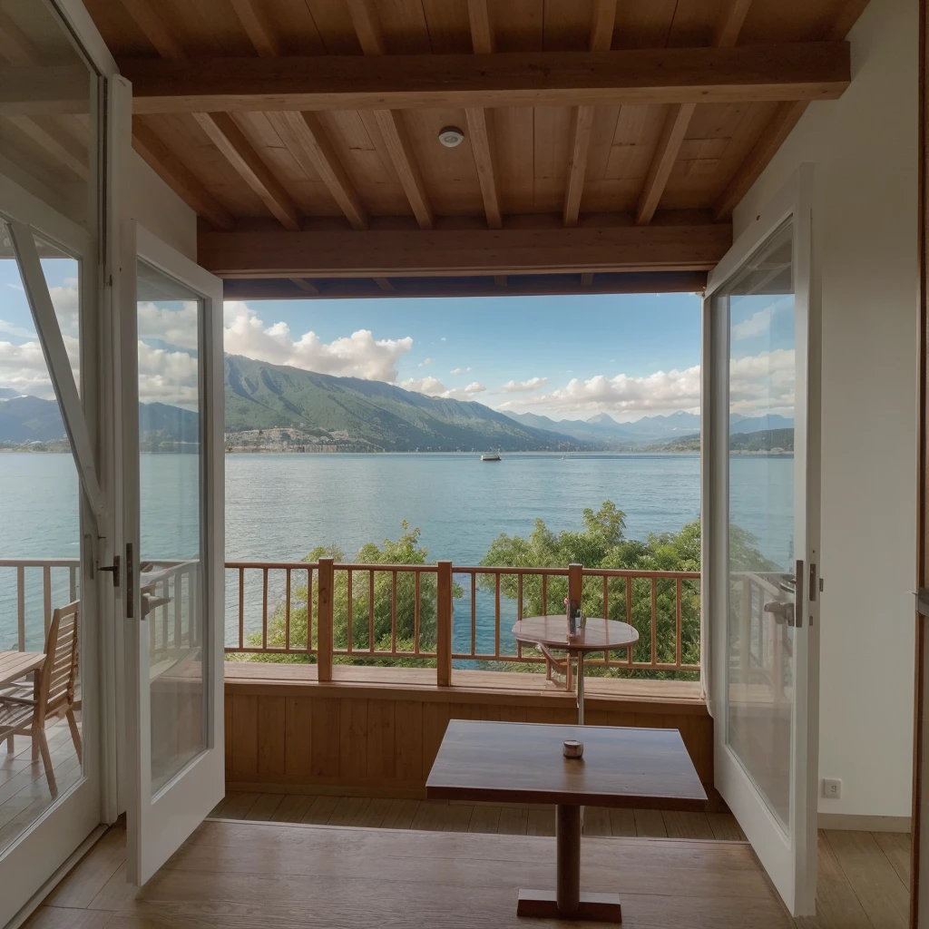la vue imprenable sur le lac leman depuis la fenêtre , il y a une belle tasse de café chaud sur le rebord de la fenêtre, de la vapeur sort du café