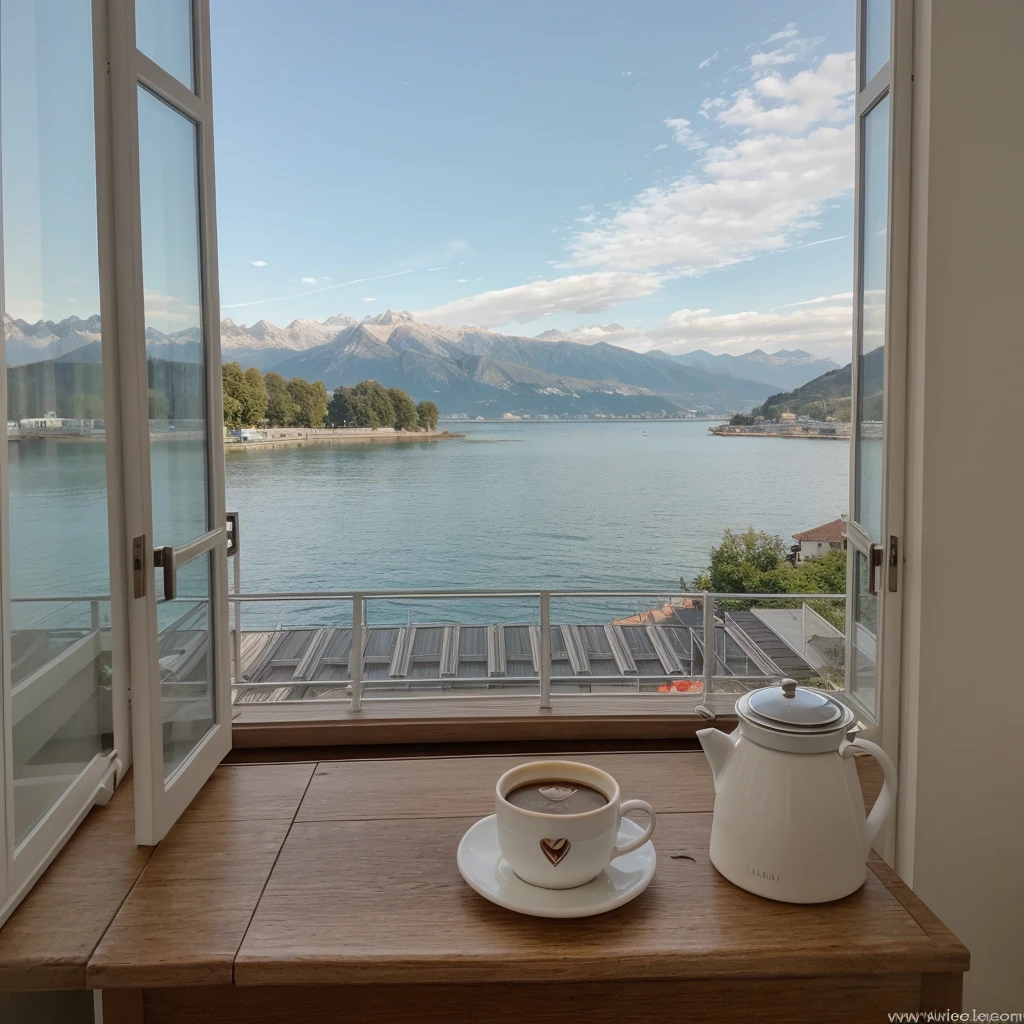 la vue imprenable sur le lac leman depuis la fenêtre , il y a une belle tasse de café chaud sur le rebord de la fenêtre, de la vapeur sort du café