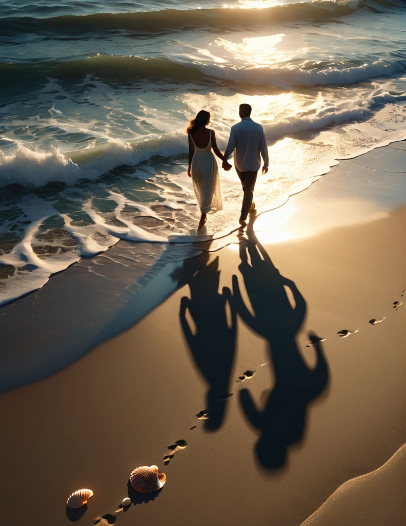 a detailed and cinematic scene for you. The man and woman walk hand in hand along the ocean shore, cherishing every moment they've been given. The play of light and shadow is realistic, casting dramatic cinematic lighting across the landscape. The waves gently crash against their feet, and delicate seashells are scattered across the sand. Their visible footprints mark the passage of time and memories. 🌅🌊✨🐚