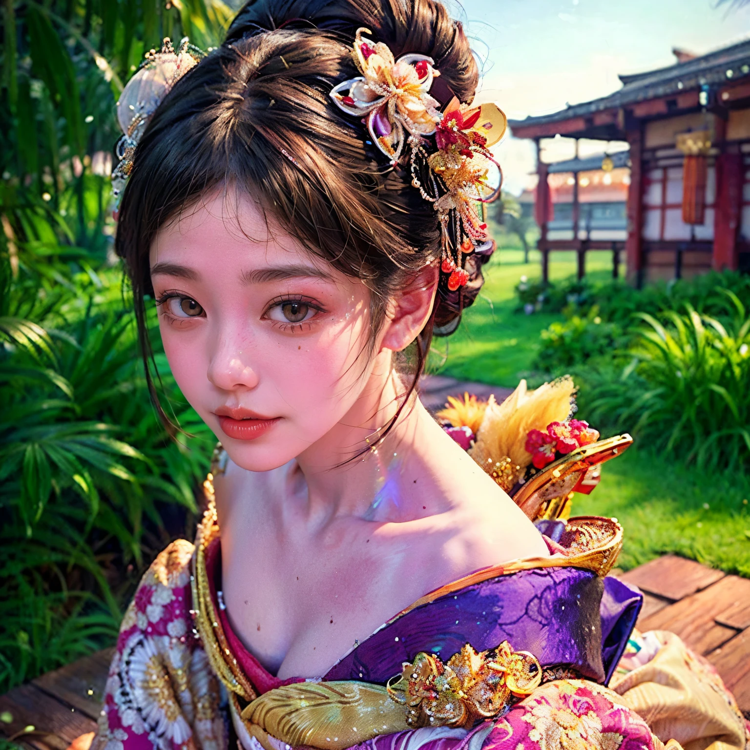 (PUNIPUNI clavicle KIMONO ((offshoulder)) KANZASHI FlowerHairpins Topknot TwinBun Oiran-Hair)High-level, 8K Masterpiece TopQuality, Ultra-detailed CG, Absurd detailed wallpaper, PerfectLighting, Extremely detailed (((Personifying " OIRAN " as a KAWAII Girl))), Characteristic Items, aesthetic LifeLike Rendering, MysticSight, Haze Tyndall Scattering, (Studio DARK Background with (Oodles Dazzling Iridescent 🌈Particles (BokeH))), (((Assfocus)) RoundlyButt) ThighGap, (Exposed:0.66) 🔞 BREAK (Acutance:0.8), (NOGIZAKA FaceVariations) Extremely Detailed very KAWAII FaceVariations, Childish CaptivatingGaze ElaboratePupils ParfectEyes with (SparklingHighlights:1.28), (Voluminous LongEyelashes:0.88), 💄💋✨ GlossyRedLips with BeautifulDetails, CoquettishTongue, PUNIPUNI RosyCheeks, Radiant PearlSkin with Transparency, Glowing DowneyHair . { (Dynamic LifeLike expressions:1.4) | (:d) }, (large eyes:-1) .