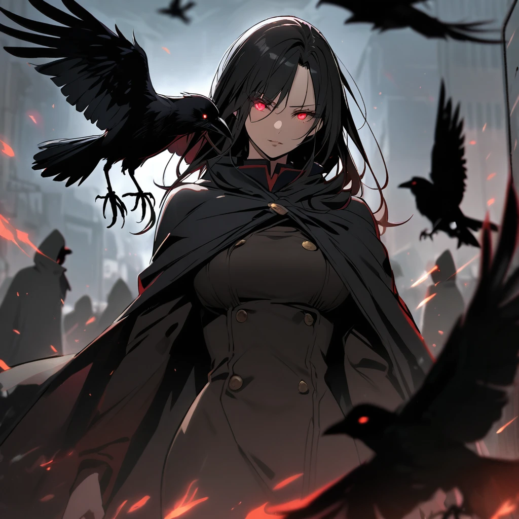 woman, red eyes, black hair, crow, glowing eyes, dark, cloak, mature