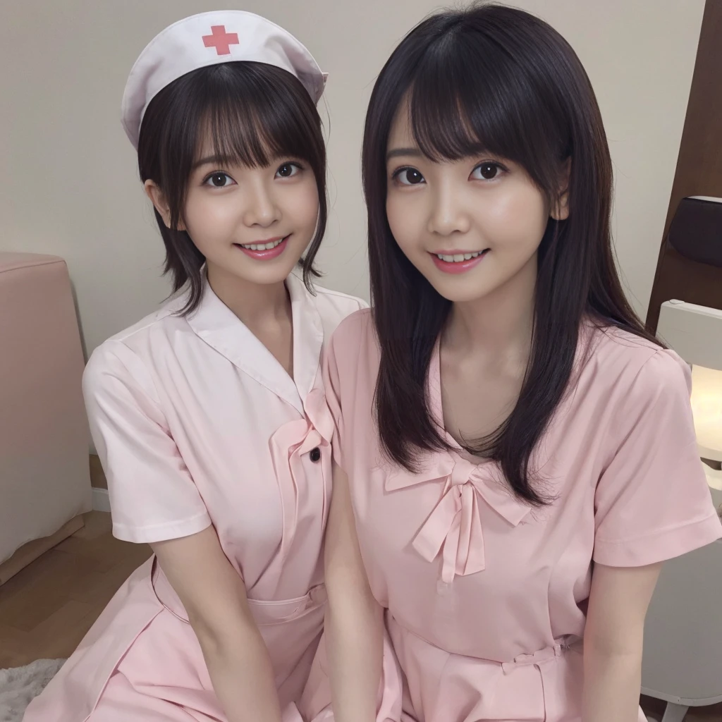 （Nurse Uniform、Light pink nurse uniform、Micro Mini Skirt、Nurse cap、Ass、Black Hair、Big Ass、Health Room）、Extremely sexy、smile、Professional Lighting、Small waist、Beautiful adult woman、Captivating thighs、Very large breasts、Cleavage、