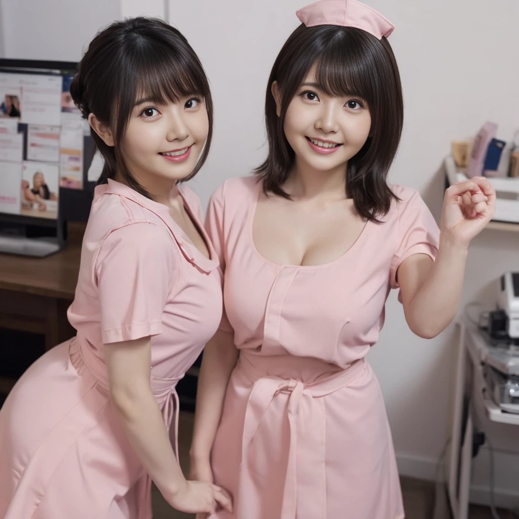 （Nurse Uniform、Light pink nurse uniform、Micro Mini Skirt、Nurse cap、Ass、Black Hair、Big Ass、Health Room）、Extremely sexy、smile、Professional Lighting、Small waist、Beautiful adult woman、Captivating thighs、Very large breasts、Cleavage、