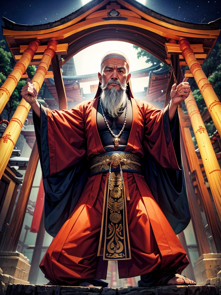 Highest quality,Highest Resolution,An old monk holding a rosary,Temple grounds,Japan,Skinhead,Crystal Jade,Kempo stance,