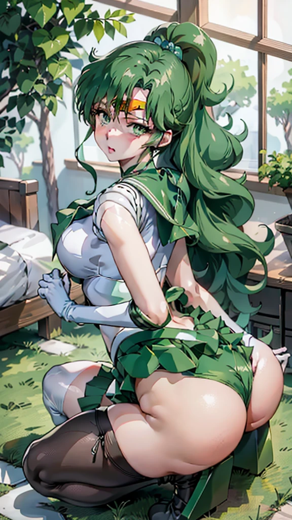 Anime Girlsセーラー戦士。White panties、Beautiful Faces、Beautiful thighs、 with green hair and green stockings posing on a bed, seductive Anime Girls, beautiful Anime Girls squatting, the Anime Girls is crouching, I also make fan art, Beautiful and attractive anime , Anime Girlss, Naughty anime style, Highly detailed art gems, Anime Girls, Anime Goddess, Anime Moe Art Style, anime waifu, Lit from behind, Highest quality, One Girl, (Sailor Neptune),Green Hair, (Green Eyes:1.2),((sporty))、((Bike Pants))、Hair length、((Embarrassed expression))、((Bedroom))、((Backward view))、((Butt))、((Thigh-high socks))