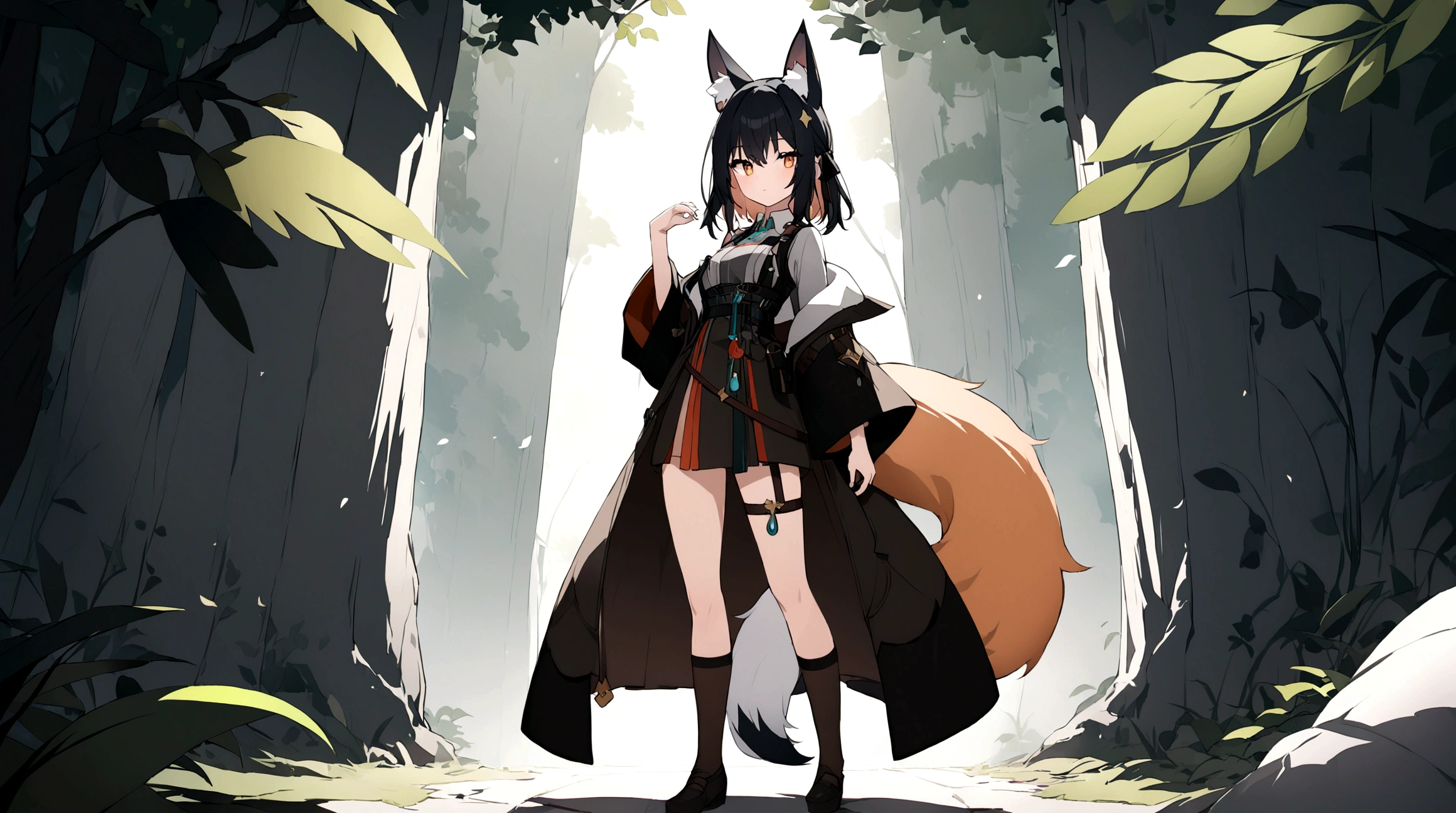 (1girl, Masterpiece, best quality) (detailed and beautiful eyes:1.6) (perfect hands, perfect anatomy) ((full body)) ((Make her look as Adult)) fox-girl Misaki has ((short black hair styled in a slightly tousled manner and her fox ears are perked up attentively.)) (She wears a black fantasy, adventurer leather coat) Her outfit includes a (high-collared adventurer medium dress with red accents and 3 leather straps, emphasizing a combination of practicality) and elegance. She has a one black, big **fluffy** fox tail. She has a black long over-to-knee socks. Misaki's orange eyes exude a sense of mystery and confidence. Light filtering through the leaves create a serene yet enigmatic atmosphere. Her standing positon showcases her strength, adultness and readiness for battle.