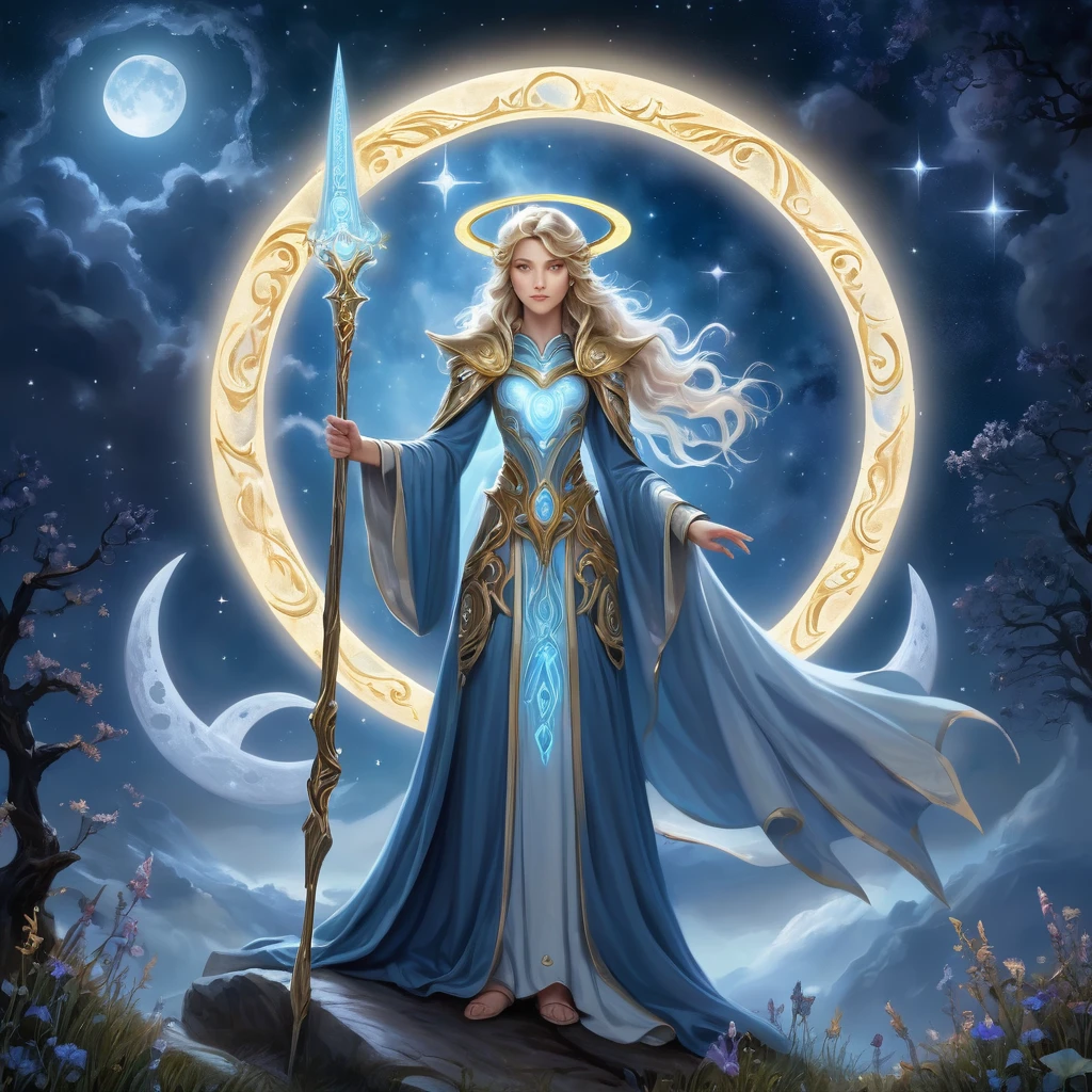 (Wizard:1.3), (Moon Sorcerer:1.3), (Clothing: robes that shimmer like moonlight, a cloak adorned with crescent moons:1.0), (Accessories: moon staff, glowing moonstone amulet, enchanted scrolls:1.2), (background: moonlit glade with glowing mushrooms, ethereal fog, and starry skies:1.2), (pose: standing atop a glowing sigil, arms raised towards the moon, eyes glowing with lunar power, surrounded by a halo of moonlight:1.5), best quality, masterpiece, detailed soft oil painting, detailed background, dramatic cinematic lighting, soft edge lighting, professional, dramatic lighting, hard edge lighting, ultra quality, 4k, masterpiece, best quality, 8k, ultra high definition, high resolution, extremely detailed